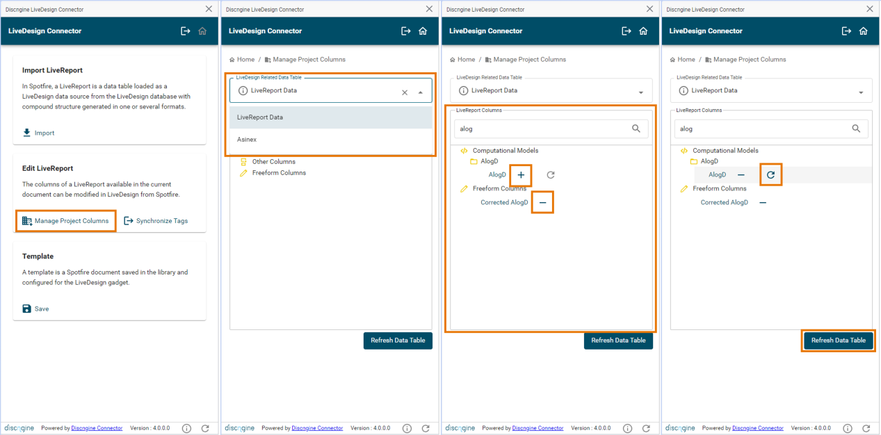 LiveDesign Connector Manage Project Columns