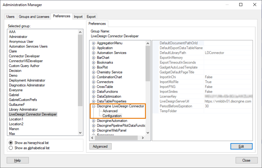 Discngine LiveDesign Connector Configuration Preferences