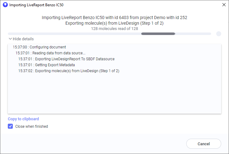 LiveDesign Connector Import Options
