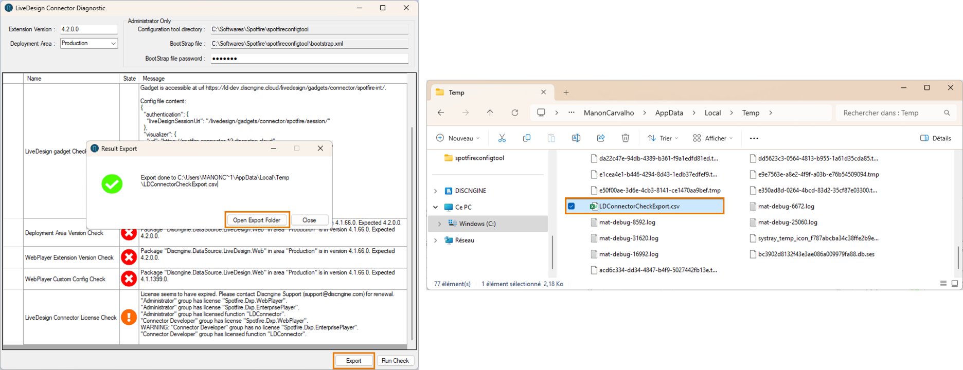 Spotfire LiveDesign Connector diagnostic tool export