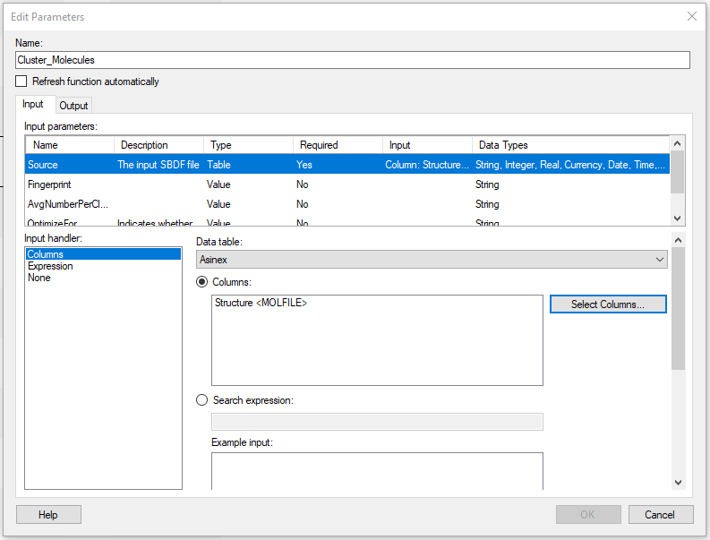 Data function Cluster_Molecules input parameters