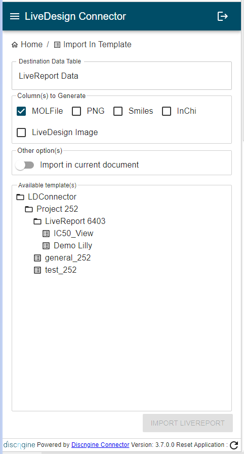 LiveDesign Connector Import Options