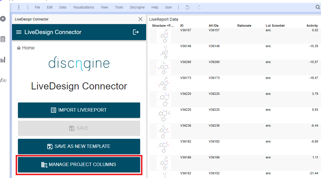 LiveDesign Connector Manage Project Columns