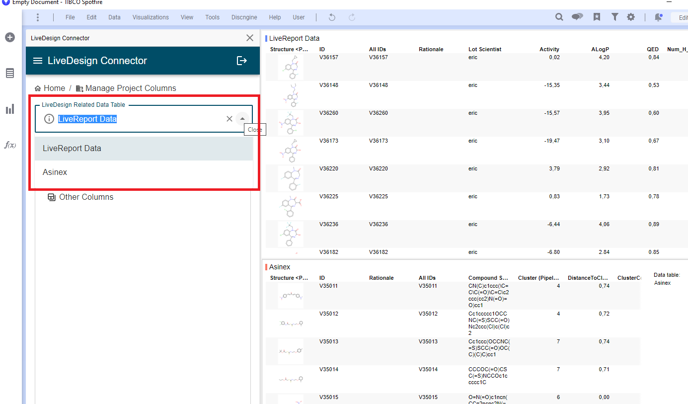 LiveDesign Connector Manage Project Columns_Select_Data_Table